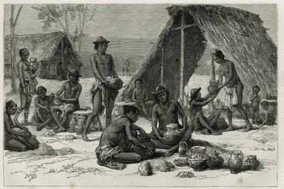 Les Indiens Galibis (eller Kalinas) tillverkar keramik, gravyr av D. Maillart, för att illustrera upptäcktsfärden i det inre av Guyana av Dr. Jules Crevaux, doktor vid franska flottan, 1876-1877, publicerad i tour du monde , under ledning o av French School