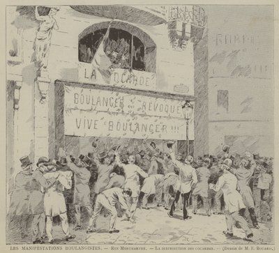 Les Manifestations Boulangistes, Rue Montmartre, La distribution des cocardes (gravyr) av French School
