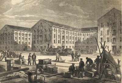 Les docks de Rouen en en 1866 - Hamnen i Rouen 1866 - gravyr av French School