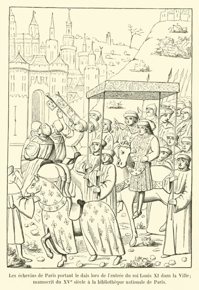 Almännen i Paris som bar podiet när kung Ludvig XI gick in i staden; 1400-talsmanuskript i Nationalbiblioteket i Paris av French School