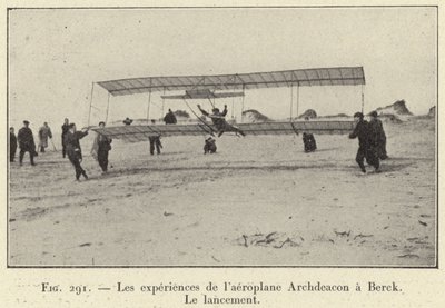 Upplevelserna av Archdeacon-flygplanet vid Berck, Lanseringen (gravyr) av French School