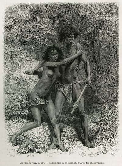 Les fugitives aborigenes, gravyr efter en teckning av D.Maillart, för att illustrera berättelsen sex månader i Australien, av Desire Charnay, ett uppdrag från ministeriet för allmän utbildning, 1878, publicerad i tour du monde, under ledning av av French School