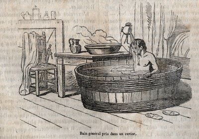 Badgester - Hygien på 1800-talet - bad i skål - gravyr i "La Sante Universelle - Guide Medical des Familles" 1852 av French School