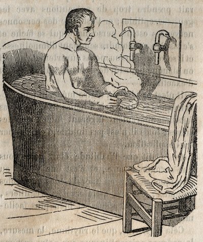 Badgester - Hygien på 1800-talet - man i ett badkar - gravyr i "La Sante Universelle - Guide Medical des Familles" 1852 av French School