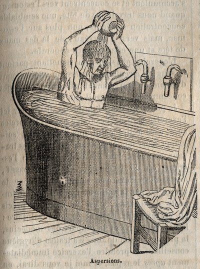 Badgester - Hygien på 1800-talet - man i ett badkar - gravyr i "La Sante Universelle - Guide Medical des Familles" 1852 av French School