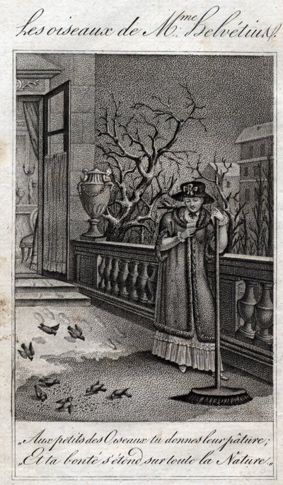 Madame Helvetius (Anne Catherine Helvetius) fåglar i "Råd till min dotter" av Jean Nicolas Bouilly (1763-1842). 1820. Privat samling. av French School