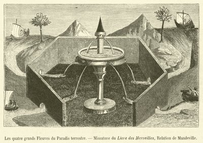 The Four Great Rivers of the Terrestrial Paradise, Mimature of Book of Wonders, Mandevilles relation (gravyr) av French School