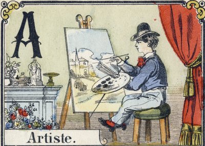 Bokstav A: konstnär. Rekreativt alfabet. Epinal avbildning. Stencilerade trästick, ca 1880. Litet häfte på 16 sidor (205 x 150 mm). Privat samling av French School