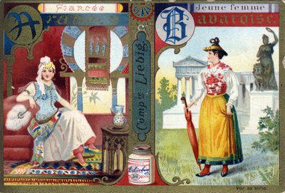 Bokstaven A som arabisk fästmö och B som bayersk ung kvinna. Kvinnors alfabet. Serie om 12 bilder. Liebig reklam av French School