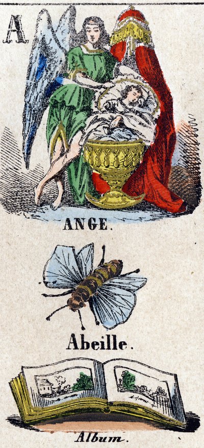 Bokstaven A som Angel, Bee och Album. En skyddande ängel nära ett barn som sover i en vagga. Litet encyklopediskt alfabet. Avbildning av Epinal, ca 1860. Trästick, stencilerad med förgyllning. Mått: 37,8x50,3cm. Privat samling av French School