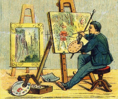 Bokstav A: målare i sin ateljé. Gravyr i "ABC obeställbar på lackerad duk". A. Capendu, redaktör, Paris, sent 1800-tal. Barnbokhandel illustrerad. 8 sidor. Mått: 21,5x18cm. av French School