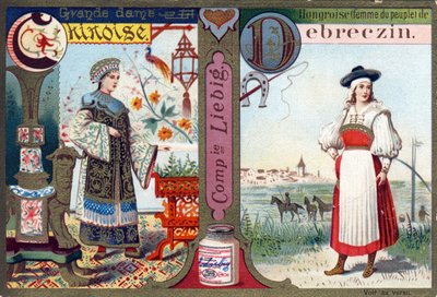 Bokstaven C som Great Chinese Lady och D som ungerska av Debreczin. Kvinnors alfabet. Serie om 12 bilder. Liebig reklam av French School