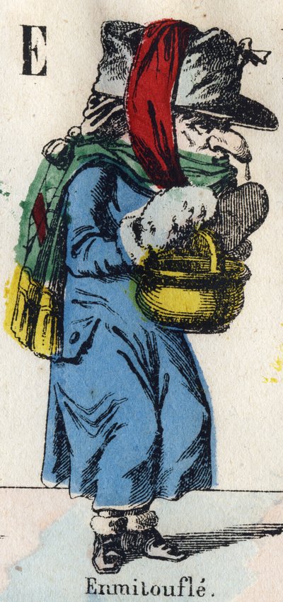 Bokstav E: Wrap (Wrap av päls och tyger för att hålla värmen). Gravyr i "" Comic Alphabet "". Ny Epinal avbildning. Litografi Pinot et Sagaire, redaktörer, mellan 1860 och 1888. Plåt nr 491 med 25 upplysta bokstäver. Mått: 40,5x28cm. Privat samling av French School