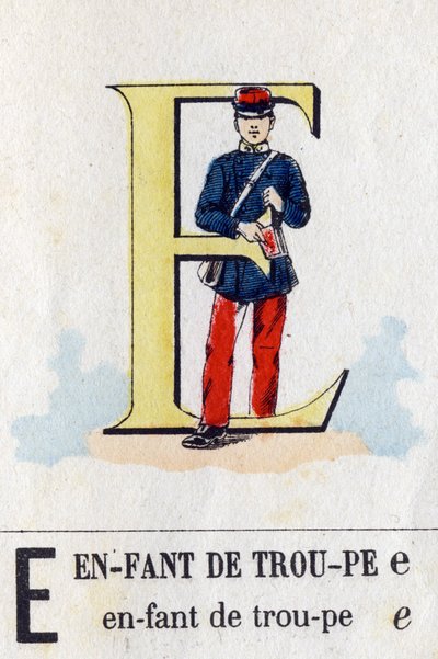 Bokstaven E som truppbarn. Militärt alfabet. Avbildning av Epinal, cirka 1870-1880. Stencilfärgade träsnitt av French School
