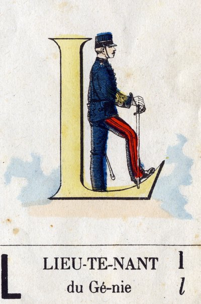 Bokstaven L som löjtnant. Militärt alfabet. Avbildning av Epinal, cirka 1870-1880. Stencilfärgade träsnitt av French School