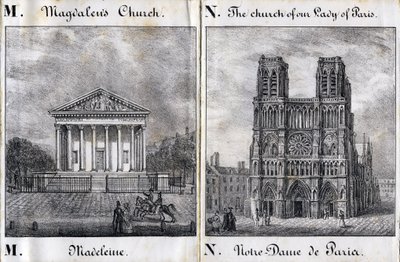 Bokstaven M Madeleine och N Notre-Dame de Paris (Notre Dame de Paris) - "Alphabet Picturesque des Monumens de Paris" c.1840 (gravyr) av French School