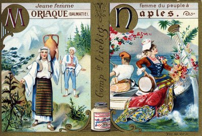 Bokstaven M som Morlac Young Woman och N som Woman of the People in Neapel. Kvinnors alfabet. Serie om 12 bilder. Liebig reklam av French School