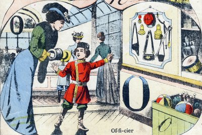 Bokstaven O Officer. Gravyr i "ABC des joux pour petits boys". Avbildning av Pont-a-Mousson, Louis Vagne, tryckare-förlag, sent 1800-tal. Mått: 32,5x25 cm av French School