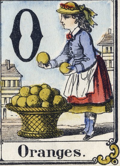 Bokstaven O: Apelsiner. Rekreativt alfabet. Epinal avbildning. Stencilerade trästick, ca 1880. Litet häfte på 16 sidor av French School