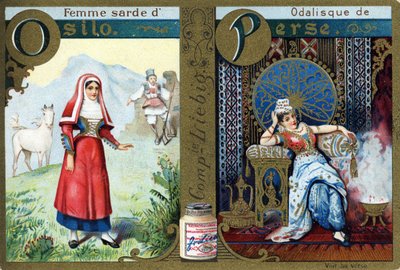 Bokstaven O som Sardinian Woman of Osilo och P som Odalisk of Persia. Kvinnors alfabet. Serie om 12 bilder. Liebig reklam av French School