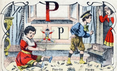 Bokstaven P Pantin Piano. Gravyr i "ABC des joux pour petits boys". Avbildning av Pont-a-Mousson, Louis Vagne, tryckare-förlag, sent 1800-tal. Mått: 32,5x25 cm av French School