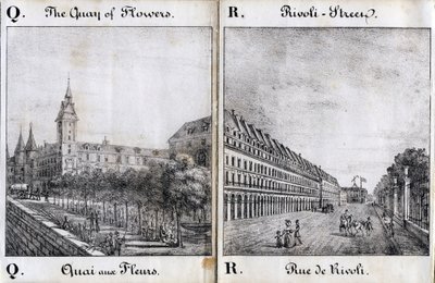 Bokstäverna Q och A: Blomsterdockan och Rivoli-gatan - "Alphabet Picturesque des Monumens de Paris" ca 1840 (gravyr) av French School