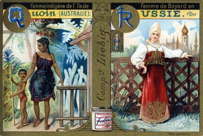 Bokstaven Q som ursprungskvinna från Quoin Island och R som Boyars kvinna i Ryssland. Kvinnors alfabet. Serie om 12 bilder. Liebig reklam av French School