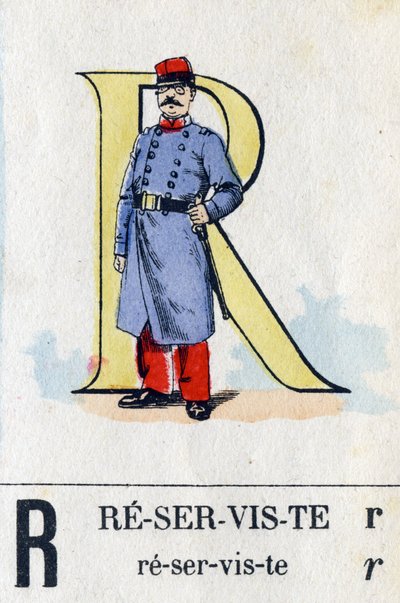 Bokstaven R som reservist. Militärt alfabet. Avbildning av Epinal, cirka 1870-1880. Stencilfärgade träsnitt av French School