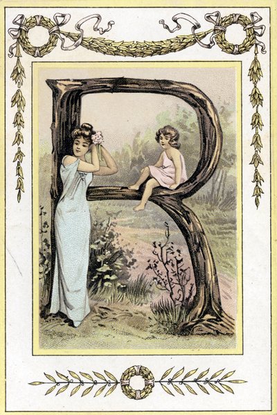 Bokstaven R representerar en mor och dotter, sent 1800-tal (kromolitografi) av French School