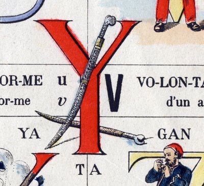 Bokstaven Y som yatagan. Militärt alfabet. Avbildning av Epinal, cirka 1870-1880. Stencilfärgade träsnitt av French School
