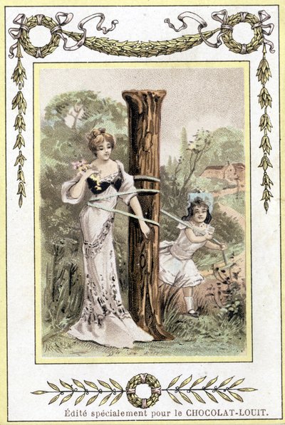 Brev som föreställer en mor och dotter som spelar, sent 1800-tal (kromolitografi) av French School
