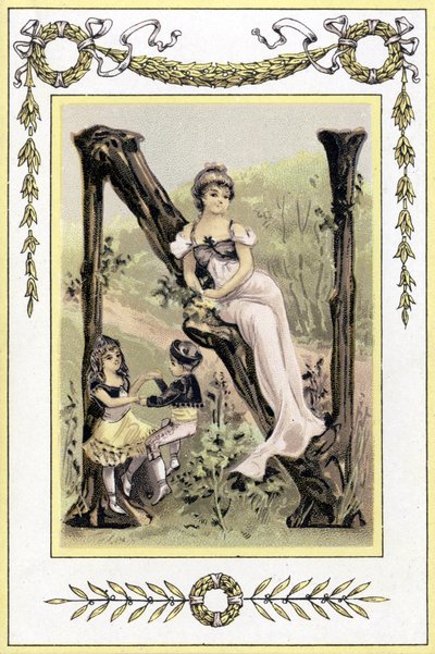 Brev föreställande en mamma och hennes barn som dansar, sent 1800-tal (kromolitografi) av French School