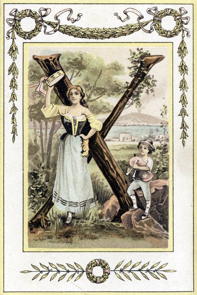 Brev som föreställer en mor med en pauk och hennes son i en herde med en säckpipa, sent 1800-tal (kromolitografi) av French School