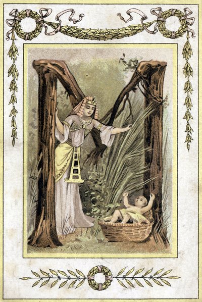 Brev som representerar en egyptisk mor som hittar ett övergivet barn (Moses sparar vatten), sent 1800-tal (kromolitografi) av French School