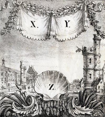 Bokstäverna X, Y och Z: Paris år 1500 - "Alphabet Picturesque des Monumens de Paris" ca 1840 (gravyr) av French School