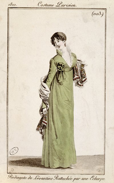 Levantinsk klänning fäst med en halsduk, modetallrik från Costume Parisien, 1810 av French School