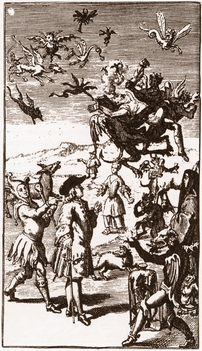 Demonernas frammaning, gravyr från 1710 i "Berättelsen om Monsieur Oufles extravaganta fantasi" av Laurent Bordelon (1653-1730) av French School