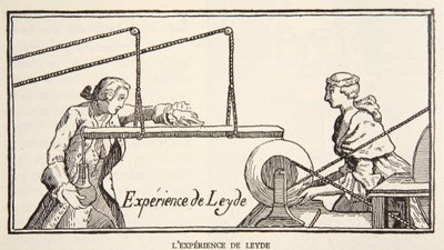 Leydes-experiment, kopia av Boris Mestchersky, kopia av Boris Mestchersky (d.1957) illustration från Histoire de la Nation Francaise, Sciences, Volumes I & II, av Gabriel Hanotaux (1853-1944), 1924 (tänd av French School