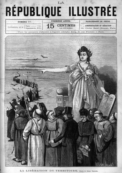 Befrielse av territoriet: Franska republiken utvisar otillåtna religiösa församlingar från franskt territorium efter dekreten från mars 1880 som fattats av Jules Ferry och berövar dem rätten att undervisa. En tidning. Gravyr från 1880 i ”La re av French School