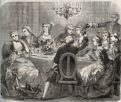 Libertinage: Christian VII (1749-1808), kung av Danmark och Norge, under en libertinsk fest som anordnades av dansaren Marie Madeleine Guimard (1743-1816) i hennes hus Pantin. Gravyr från 1871 i "Histoire Des Cocus Celebres" av Henry de Kock (1819-18) av French School