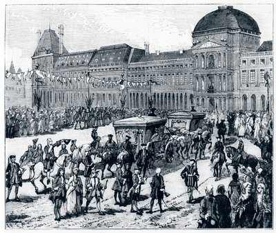 Livet under Ludvig XV: kungen anländer till Palais des Tuileries, där drottningen och delfinen väntar på honom - i "Paris genom århundradena" av Genouillac av French School