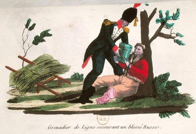Linjegrenadier hjälper en skadad rysk soldat (färgad gravyr) av French School
