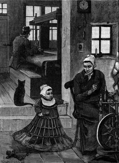 Linne: vävarinteriör med vävare och spinnhjul. Gravyr i "" Le Journal de la jeunesse"" av French School