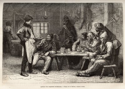 Interiören av ett woodcheron-läger i Ontario, gravyr efter en teckning av D. Maillard, illustrerande utflykten till Kanada och till Northern Red River, av H. De Lamotte, 1873, publicerad i "" Le world tour""" 1875 , redigerad av Edouard av French School