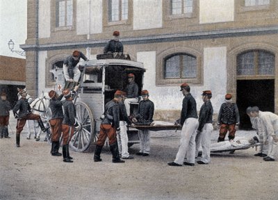 Laddar de sårade i en ambulans - i "" Military Album"" - Crew Train av French School