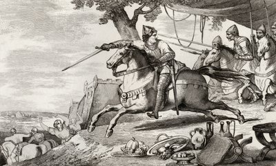 Lothar (941-86) leder sin armé i strid, ur "Histoire de France" av Colart, publicerad omkring 1840. av French School