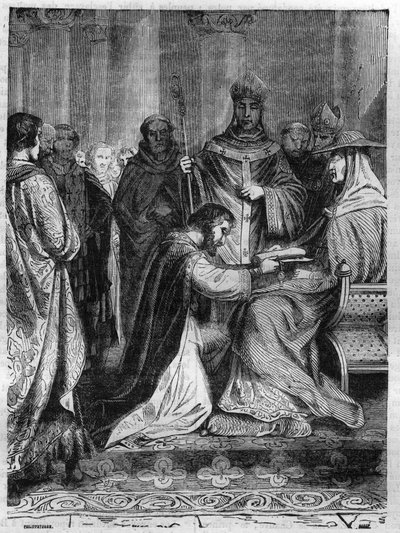 Lotharia I (795-855) vid foten av påven Adrian II (792-872). Gravyr i "Historien om påvarna-kungarna-drottningarna och kejsarna genom århundradena"" av Maurice Lachatre av French School
