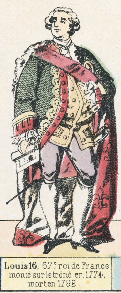 Ludvig 16, Frankrikes 67:e kung, besteg tronen 1774, dog 1792 (färgad gravyr) av French School