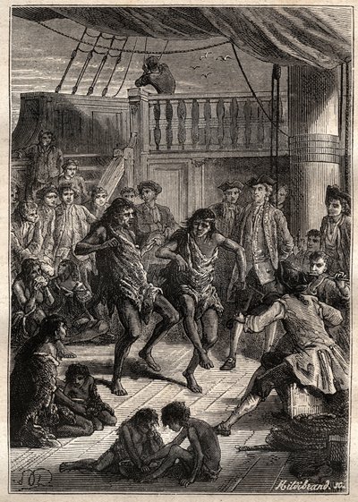 Louis Antoine, greve av Bougainville (1729-1811) tog emot invånarna i Bay Fortescue (Detroit of Magellan) i sin båt "" La Boudeuse""" 1768 - illustration från "The Great Mariners of the 18th century" av French School