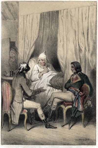 Louis Antoine Fauvelet de Bourienne (1769-1834), fransk diplomat och administratör, och general Napoleon Bonaparte (1769-1821) bad en sjuk gammal kapitalist om pengar till den italienska kampanjen. Tallrik hämtad från "" Scenes de la vie des hommes berömda av French School